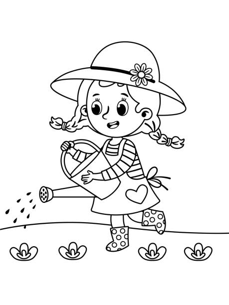 Little Gardener Little gardener watering vegetables. Vector illustration of a coloring page. kids coloring pages stock illustrations