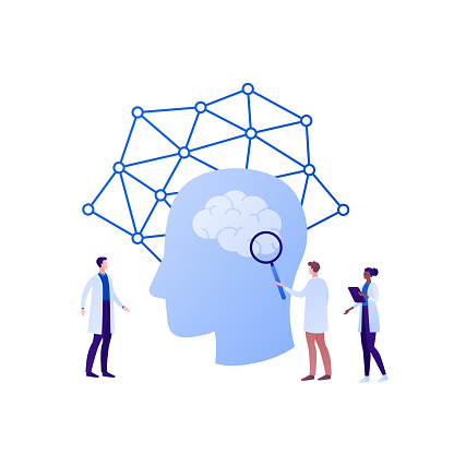 Neurology science and brain research concept. Vector flat person illustration. Group of multiethnic scientist and human head sign. Design element for medical banner, web ui, psychology infographic.