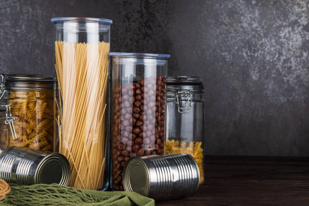 istock Food donations on wooden background. 1220380513