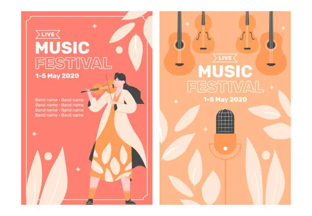 Vector illustration of Two poster templates for a music festival. Girl with a violin, a guitar and a microphone. Classical and rock music, performances by musicians and singers. Summer fun. Vector flat.