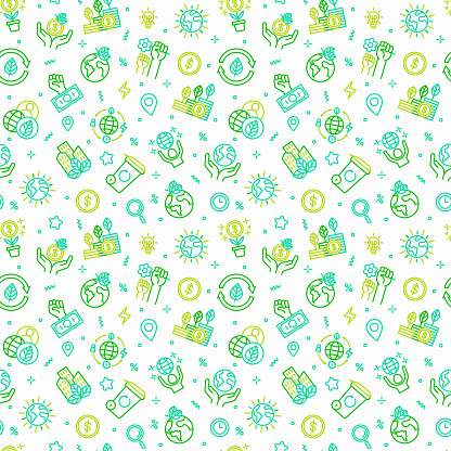 Green economy seamless pattern with thin line icons: financial growth, green city, zero waste, circular economy, anti-globalism, global consumption. Vector illustration for environmental issues.
