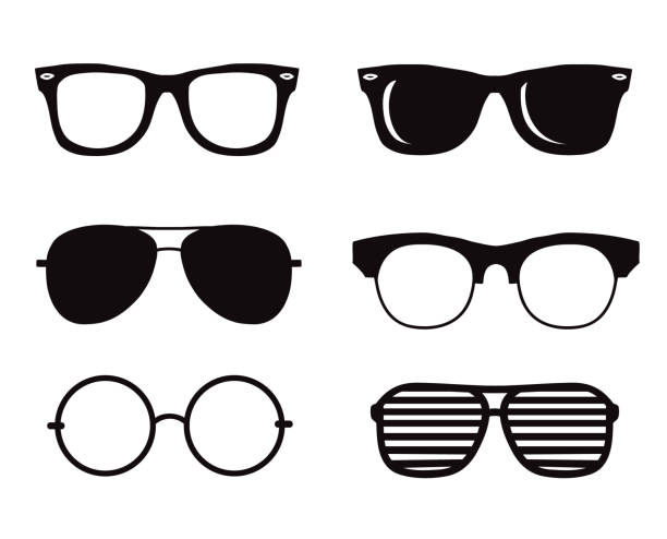ręcznie rysowane czarne okulary przeciwsłoneczne zestaw ilustracji. koncepcja projektowania elementów w stylu hipsterskim - sunglass stock illustrations