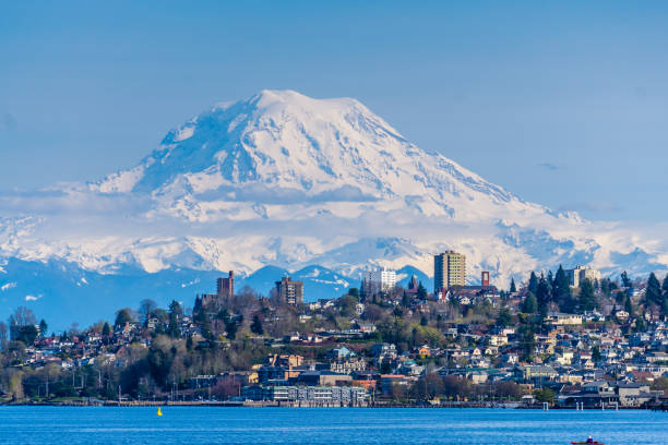 Scenic Washington Port 7 A view of the Port of Tacoma and Mount Rainier from Ruston, Washington. tacoma stock pictures, royalty-free photos & images