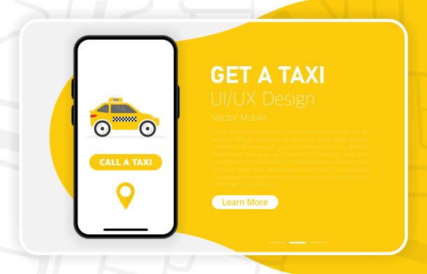 illustrations, cliparts, dessins animés et icônes de prends un taxi. appelle un taxi. écran blanc smartphone. design moderne. maquette d’appareil. interface de conception ui et ux. fond jaune. vecteur - android telephone mobile phone application software