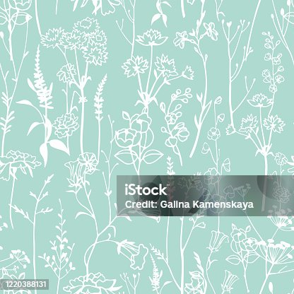istock Botanical seamless pattern with meadow herbs and plants. Outline drawing. 1220388131