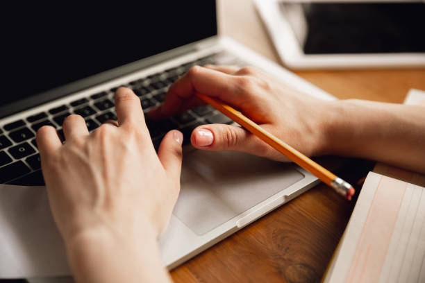 istock Close up of caucasian female hands during working in office, studying 1220389617