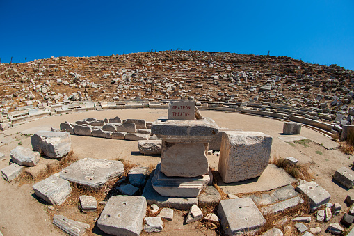 The island of Delos, near Mykonos, near the centre of the Cyclades archipelago, is one of the most important mythological, historical, and archaeological sites in Greece.