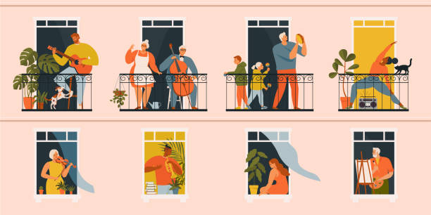 ilustrações de stock, clip art, desenhos animados e ícones de the concept of social isolation during the coronavirus pandemic. people playing musical instruments, cello, guitar, trumpet, buden, violin and doing yoga on balconies. stay home quarantine. - lifestyles residential structure community house
