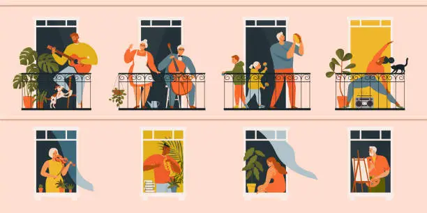 Vector illustration of The concept of social isolation during the coronavirus pandemic. People playing musical instruments, cello, guitar, trumpet, buden, violin and doing yoga on balconies. Stay home quarantine.