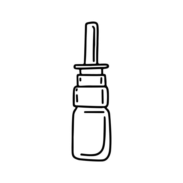 Hand drawn vector doodle illustration bottle of nasal spray isolated on white background. Hand drawn vector doodle illustration bottle of nasal spray isolated on white background. Design for clinics, hospitals, pharmacies, medical poster nasal spray stock illustrations