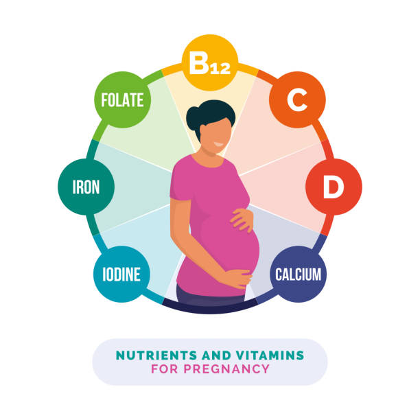 Nutrients and vitamins for pregnancy Nutrients and vitamins for pregnancy: nutrition and healthcare infographic with smiling pregnant woman holding her belly vitamin a nutrient stock illustrations