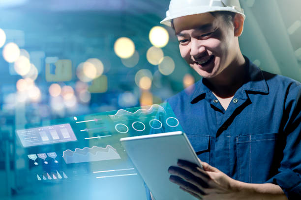 istock Genius Asian engineer smart factory machine IOT internet of thing digital technology futuristic, 3D digital process industry productive management technology app system control production 1220393591