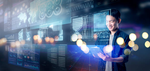 Asian success businessman with hi-tech smart gadget technology iOT internet of things, business investment graph chart 3D futuristic virtual blur background, finance business report data manage empresario de éxito asiático con tecnología de gadget inteligente de alta tecnología iot internet de las cosas, gráfico de inversión empresarial gráfico 3d futurista fondo de desenfoque virtual, finanzas datos de informes de negocios gestión de dat