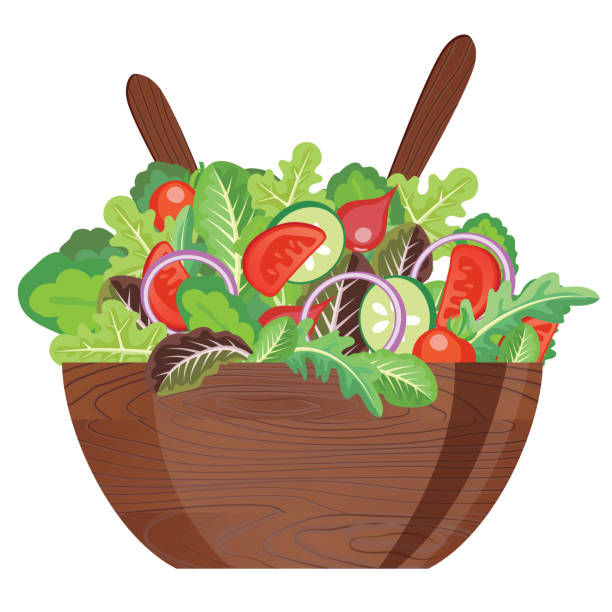 illustrations, cliparts, dessins animés et icônes de bol de salade en bois foncé avec des ustensiles - saladier
