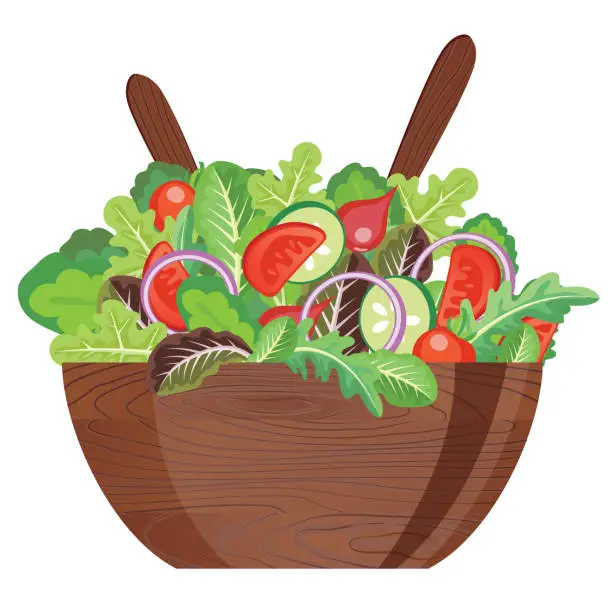 Vector illustration of Dark Wooden Salad Bowl With Utensils