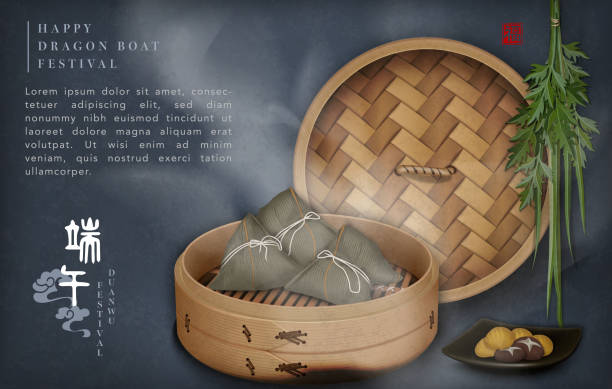 illustrazioni stock, clip art, cartoni animati e icone di tendenza di happy dragon boat festival modello di sfondo tradizionale cibo riso gnocchi ripieno piroscafo di bambù e assenzio. traduzione cinese: duanwu e benedizione - calamo aromatico