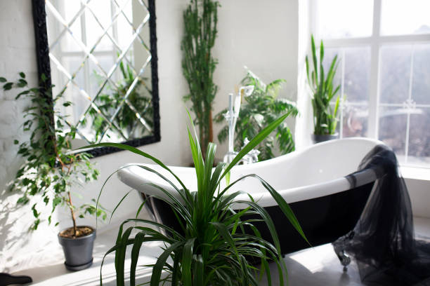 istock Exclusive modern black and white bathroom interior in luxury mansion with big window 1220398510