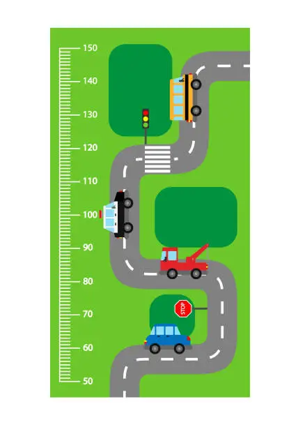 Vector illustration of Children meter wall. Highway, cars and traffic signs