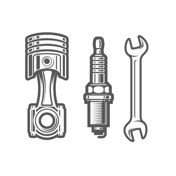 illustrations, cliparts, dessins animés et icônes de signe de station-service de voiture, bougie d’allumage, icônes de piston et de clé, logo d’atelier d’entretien - piston