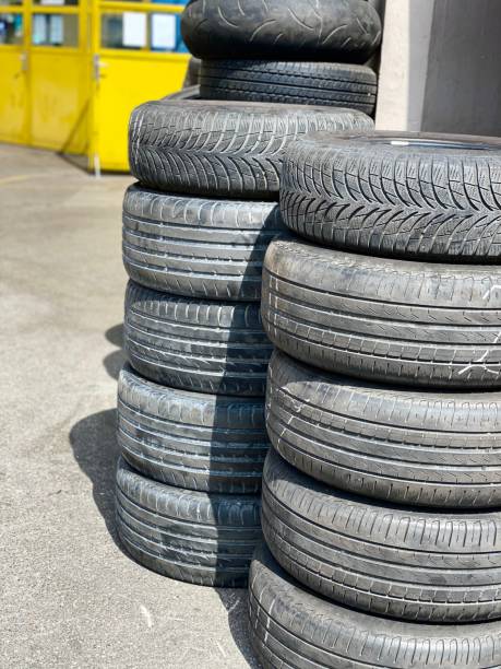 istock Car tires infront of Vulkanizer workshop yard 1220401354