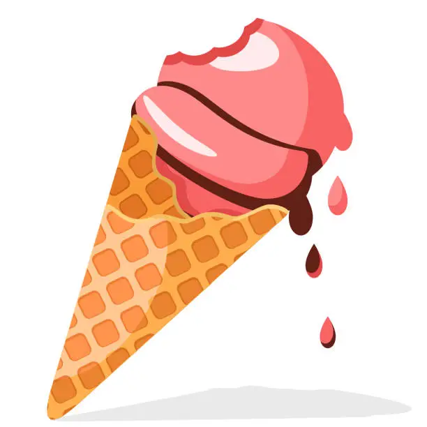 Vector illustration of Ice cream cone is bitten and melted on a white