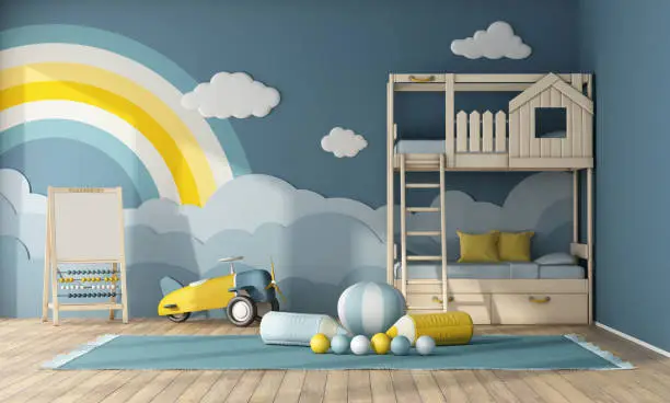 Interior of children room with bunk bed,decor objects on blue wall and toys - 3d rendering
Note: the room does not exist in reality, Property model is not necessary