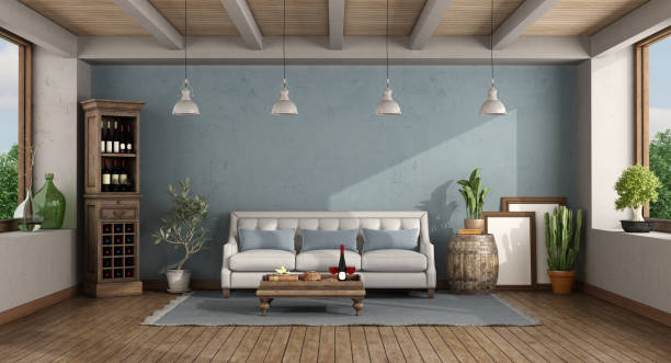 istock Retro living room sofa and wine cabinet 1220402443