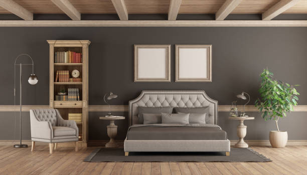 Classic style master bedroom with retro furniture Classic style master bedroom with elegant double bed, bookcase and armchair - 3d rendering
Note: the room does not exist in reality, Property model is not necessary owners bedroom stock pictures, royalty-free photos & images