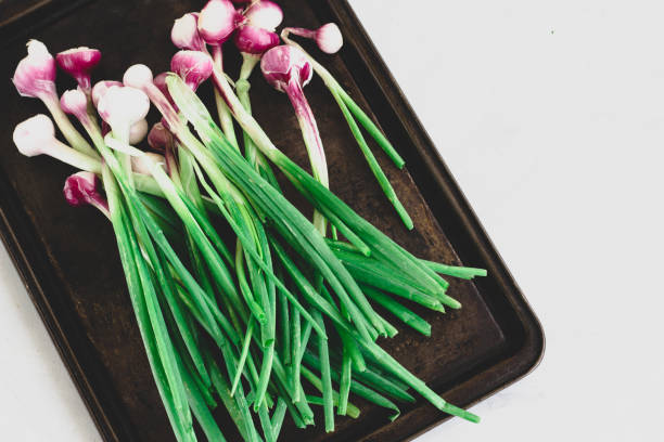 Spring Onions on a Tray Directly Above Photo stock photo