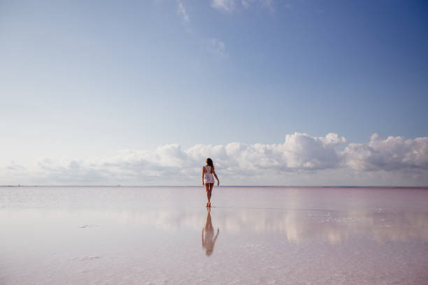 istock Beautiful girl on a pink lake. 1220404976