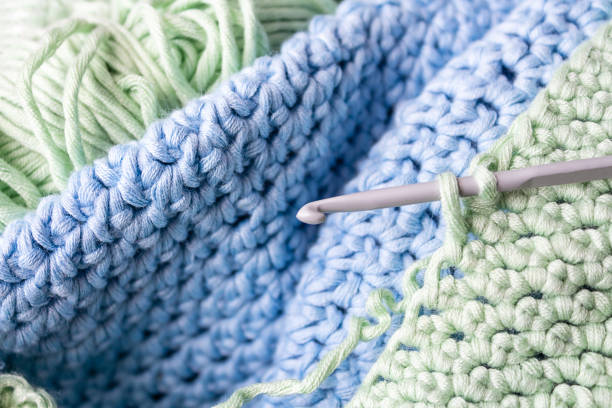 istock Crochet hobby background with hook. Close up. 1220405206