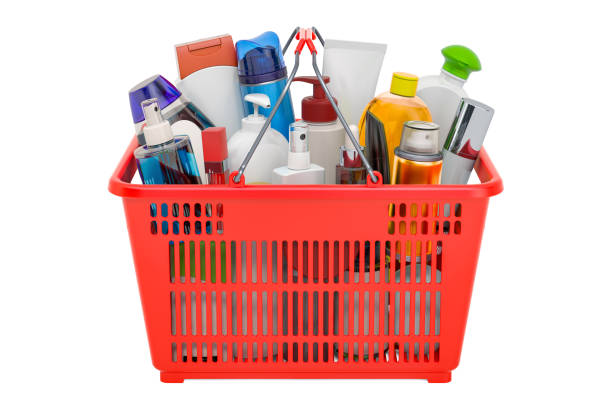 istock Shopping basket with cosmetic products. 3D rendering isolated on white background 1220408474
