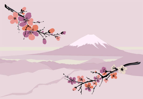 Landscape with Mountain Peaks in Japan and sakura branch. Panoramic pink sunset view of Mount Fuji. Beauty spring background. Japanese cherry blossom. Blooming apple flowers. Stock vector illustration Landscape with Mountain Peaks in Japan and sakura branch. Panoramic pink sunset view of Mount Fuji. Beauty spring background. Japanese cherry blossom. Blooming apple flowers. Stock vector illustration. oriental cherry tree stock illustrations