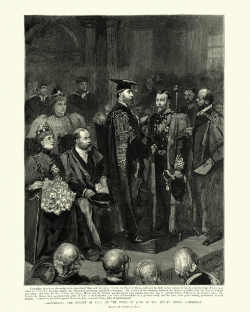 ilustraciones, imágenes clip art, dibujos animados e iconos de stock de duque de york recibiendo un título de la universidad de cambridge, 1894 - jorge v del reino unido ilustraciones