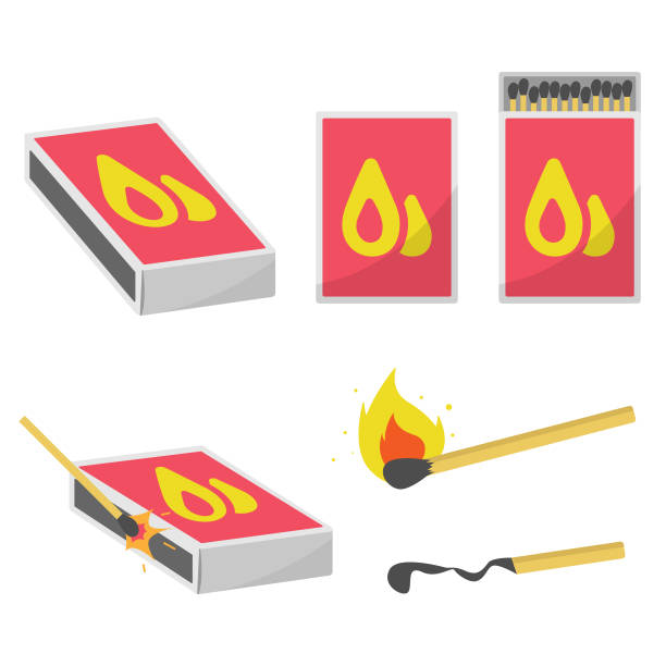 brennende match und matchbox icon set vektor-design. - house burning color image danger stock-grafiken, -clipart, -cartoons und -symbole