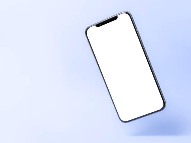 istock Smartphone mockup, phone with blank screen and shadow isolated on blue background. Symbol of lightness freshness airiness. Modern technologies social networks and applications. Copy space 1220411826