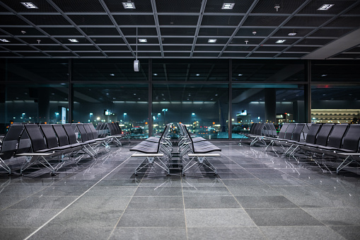 Frankfurt Airport, Germany: Empty chairs at the Frankfurt Airport at night.