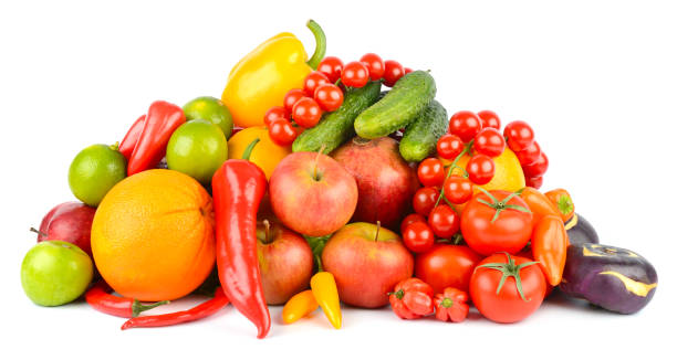 istock Healthy fruits and vegetables isolated on white 1220415502