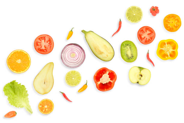 Banner of fresh and healthy vegetables and fruits Banner of fresh and healthy vegetables and fruits isolated on white background. green apple slice overhead stock pictures, royalty-free photos & images