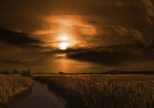Oil landscape painting showing river under the moonlight.