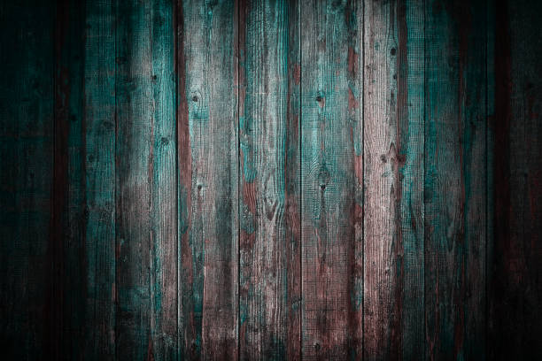 ブラウン&グリーンの木質。抽象的な背景、空のテンプレート。素朴な風化した納屋の木の背景に結び目と爪穴があります。木の板で作られた壁のクローズアップ。グランジ表面 - wood rustic close up nail ストックフォトと画像