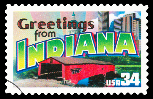 US Postage Stamp - Indiana State Greetings From America /Isolated on black - High quality on details /