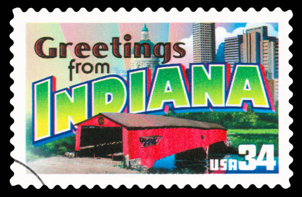 US Postage Stamp - Indiana State US Postage Stamp - Indiana State Greetings From America /Isolated on black - High quality on details / indiana covered bridge stock pictures, royalty-free photos & images