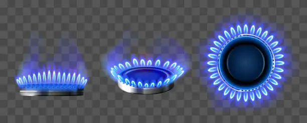 Vector illustration of Gas burner with blue fire in top and side view
