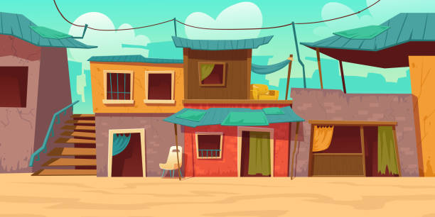 Ghetto street with poor dirty houses, shacks Ghetto street with poor dirty houses. Vector cartoon illustration of slum, neighborhood with old broken buildings, crowded dilapidated shacks. Poverty concept. Empty shantytown Village stock illustrations