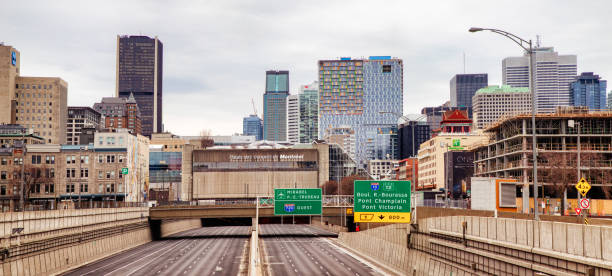 Montreal empty Ville-Marie highway on a cloudy afternoon panoramic version