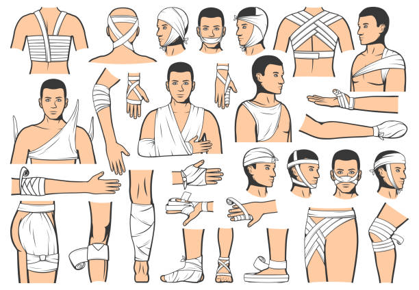 Medical emergency, trauma bandaging technique Trauma bandaging technique, first aid medical emergency. Vector people bandage and guide for leg, arm and head fracture injury, elbow and ankle joint sprains, clinic ambulance and hospital rescue bandage arm stock illustrations