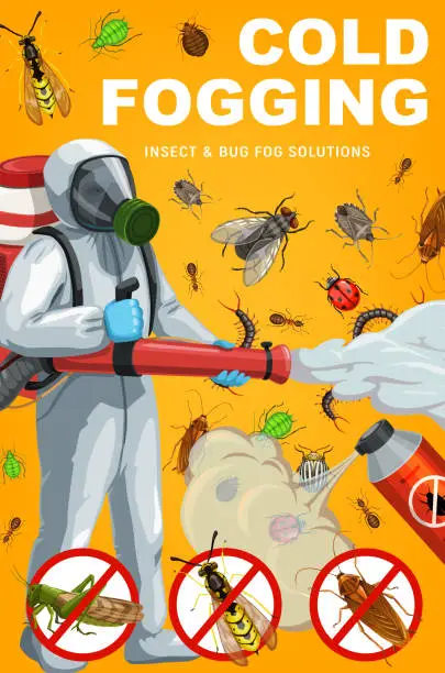 Vector illustration of Pest control worker, pesticide spray and insects