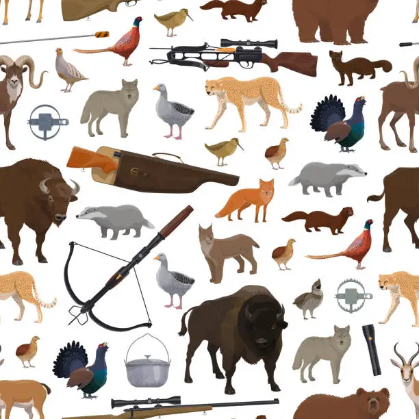 Vector illustration of Hunting sport items, animals and birds pattern