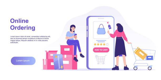 концепция интернет-магазинов. молодая женщина, держащая тележку для покупок, заказывает с огромным приложением для смартфонов. заказ с онл� - store on the phone supermarket sale stock illustrations